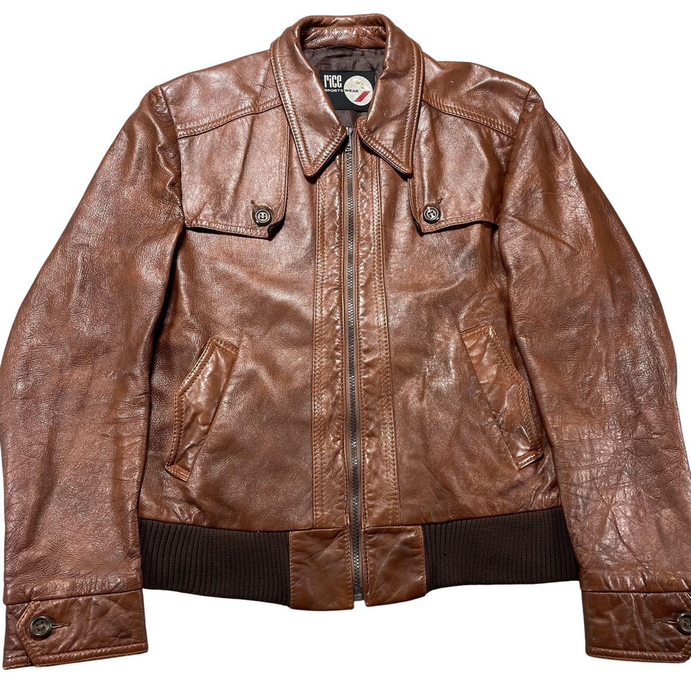 Vintage Rice Sportswear Jacket Mens Small Brown Leather Bomber Knit Hem Lined